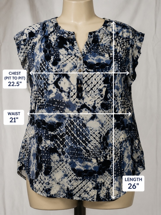 Tops - Blue & Cream Abstract Print Short Sleeve Blouse Pleated Back Detail